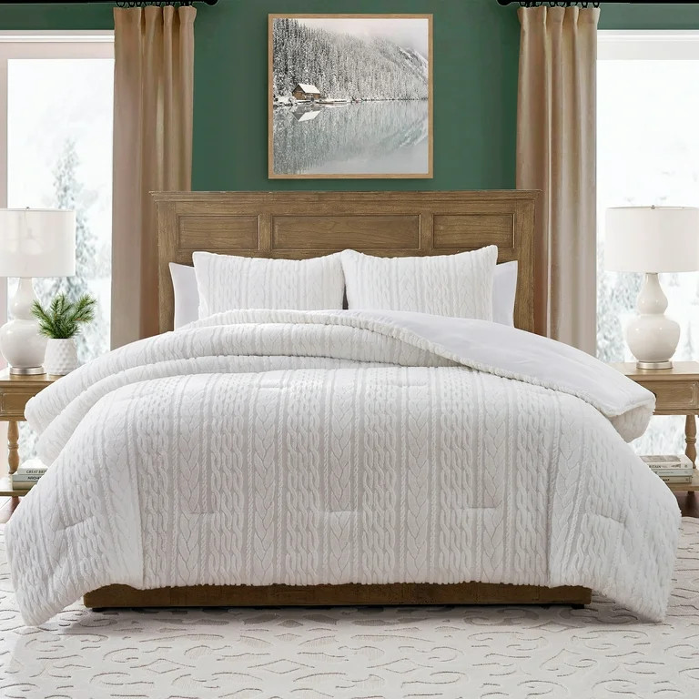 My Texas House Anabel Carved Fur 3-Piece White Faux Rabbit Fur Comforter Set, Full/Queen | Walmart (US)