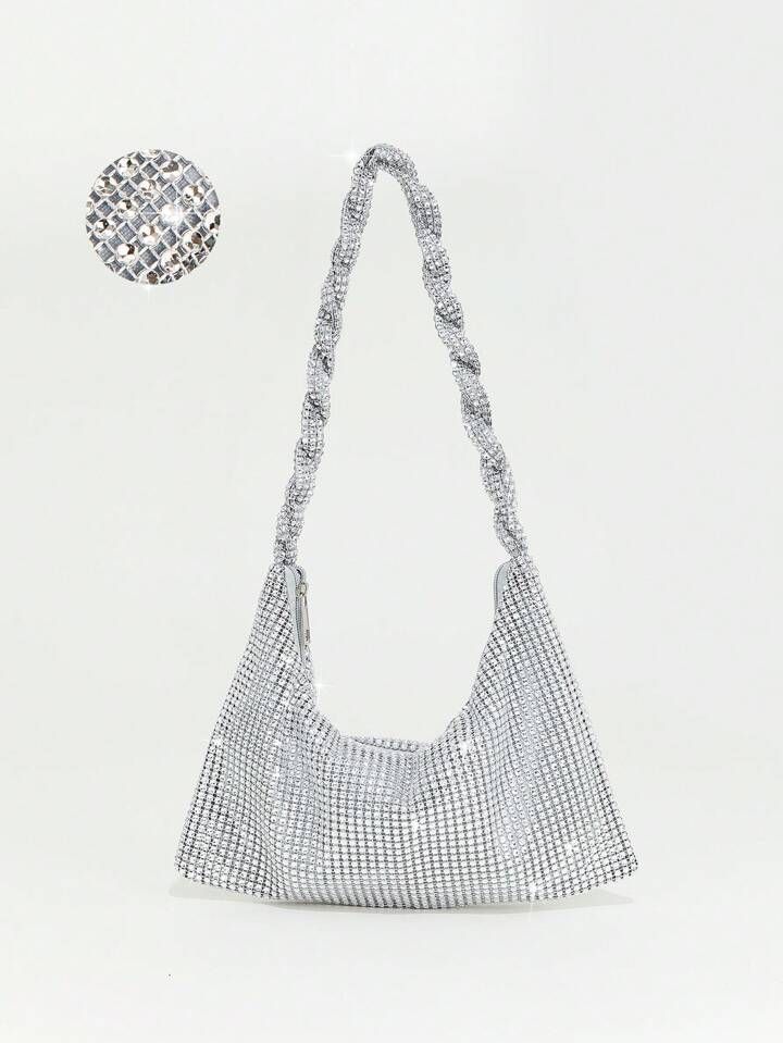 1pc Silver Glittering Rhinestone Encrusted Clutch Bag With Coiled Rope Handle, Ideal For Parties ... | SHEIN