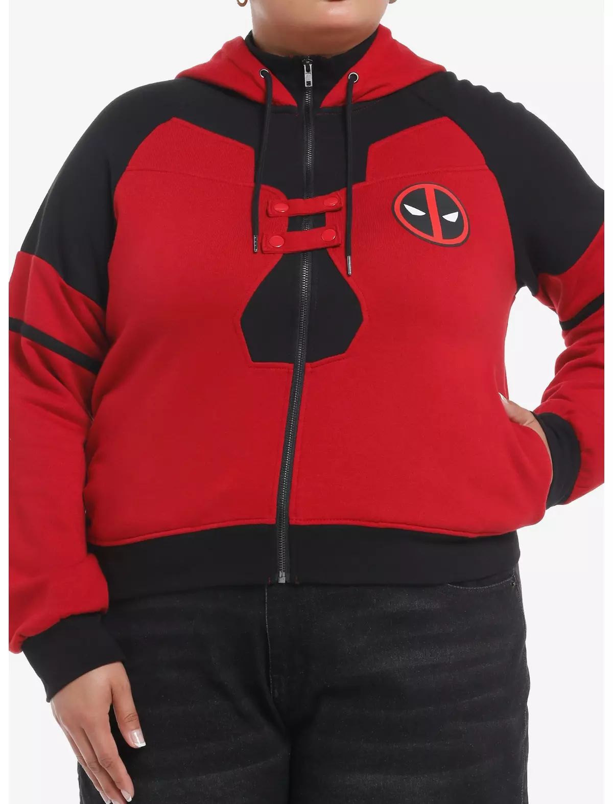 Her Universe Marvel Deadpool & Wolverine Deadpool Color-Block Girls Crop Hoodie Plus Size | Hot Topic