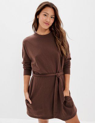AE Tie-Waist Fleece Mini Dress | American Eagle Outfitters (US & CA)