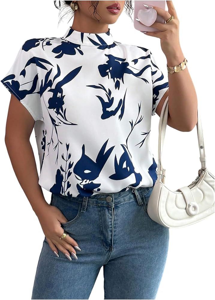 Floerns Women's Casual Dolman Sleeve Blouse Tops Mock Neck Graphic Office Work Shirts | Amazon (US)