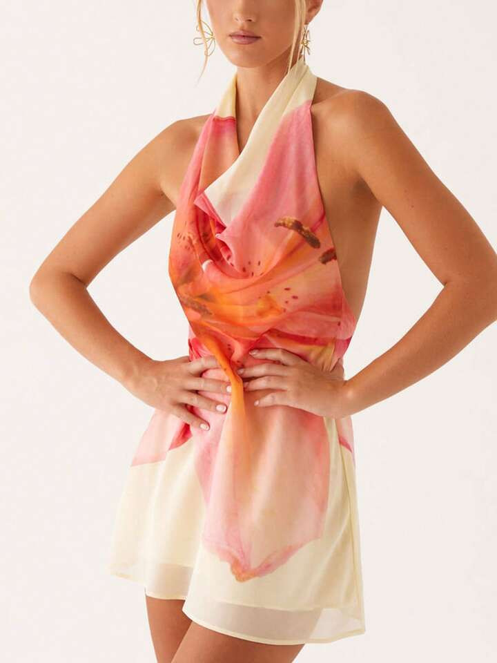 Women Halter Dress Floral Print Mini Dress Backless V-Neck Short Dess Summer Bodycon Dress Party A-Line Dress | SHEIN