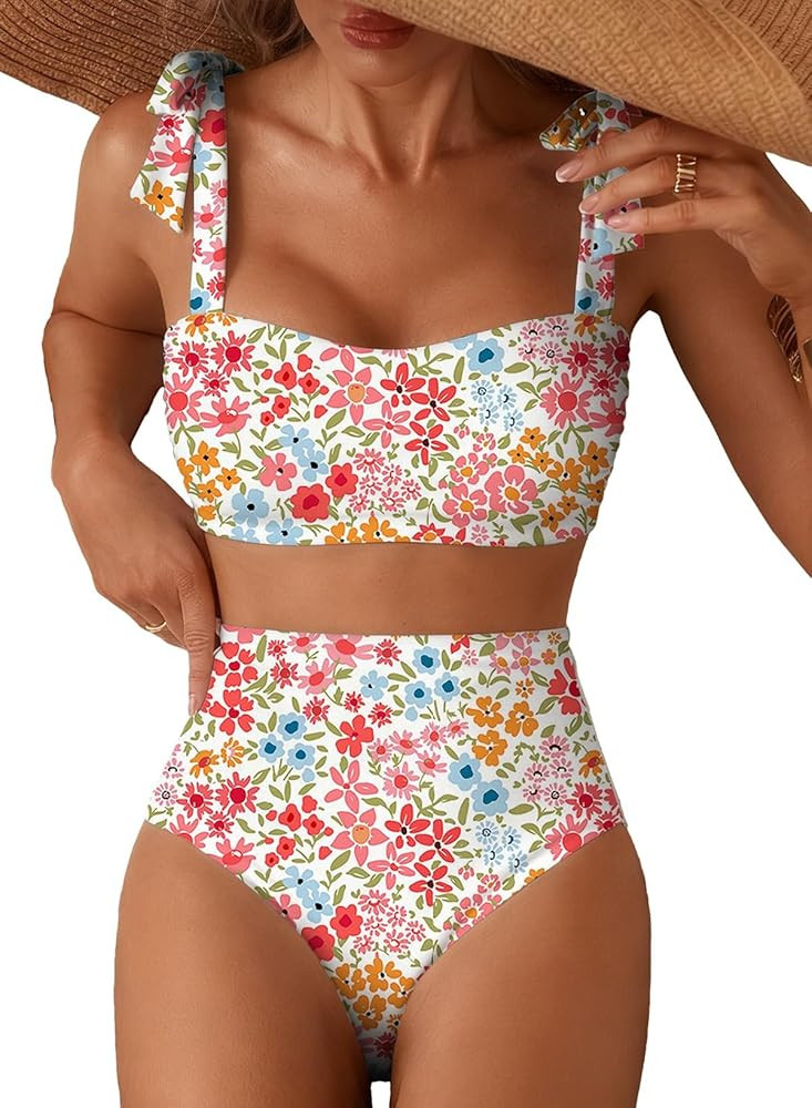 Herseas Women's Tie Shoulder Bikini Sets 2 Piece Striped Swimsuits High Waisted Bathing Suits | Amazon (US)