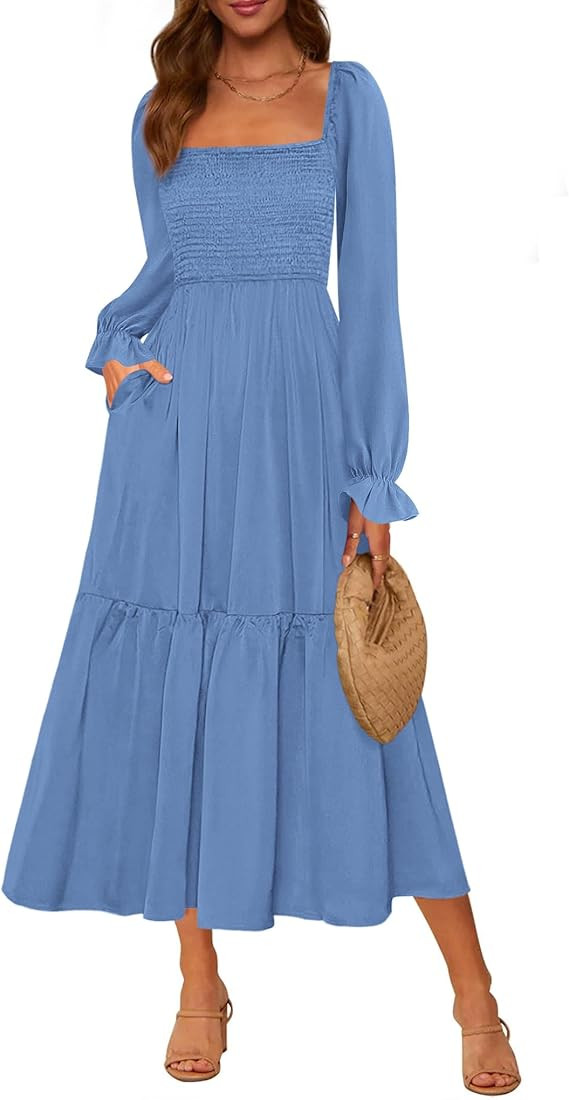 MASCOMODA Womens 2026 Spring Long Sleeve Casual Midi Dress Smocked Square Neck High Waist Flowy A... | Amazon (US)