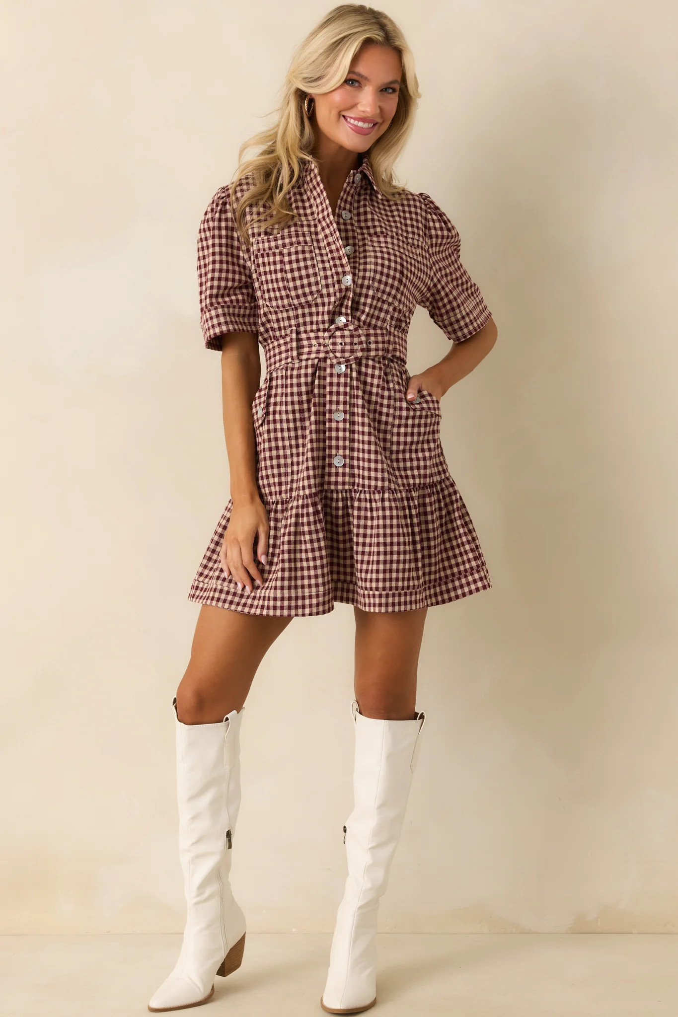 I Hope You Know Burgundy Gingham Cotton Mini Shirt Dress | Red Dress