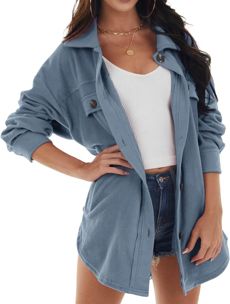 Yanekop Womens Fleece Button Down Shacket Long Sleeve Shirt Jacket Casual Boyfriend Blouse Top | Amazon (US)