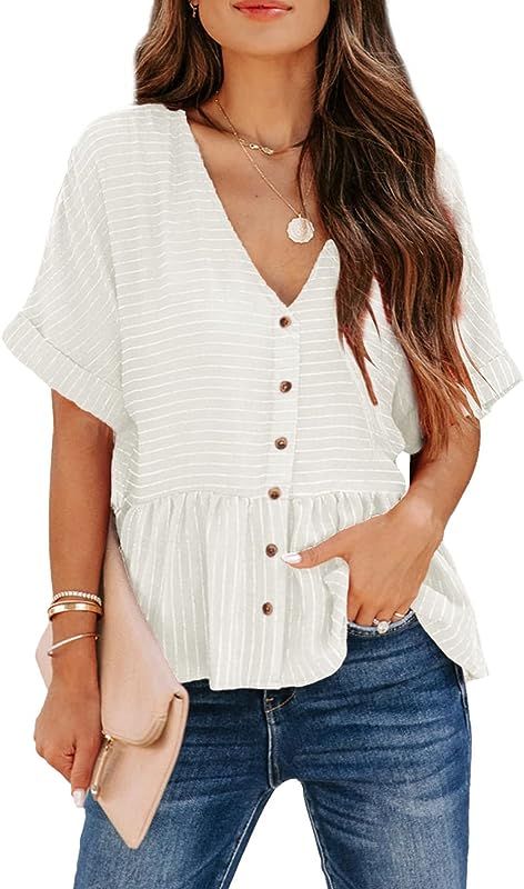 EVALESS Casual V Neck Peplum Tops for Women Short Sleeve Ruffle Hem Striped Shirts Loose Babydoll... | Amazon (US)