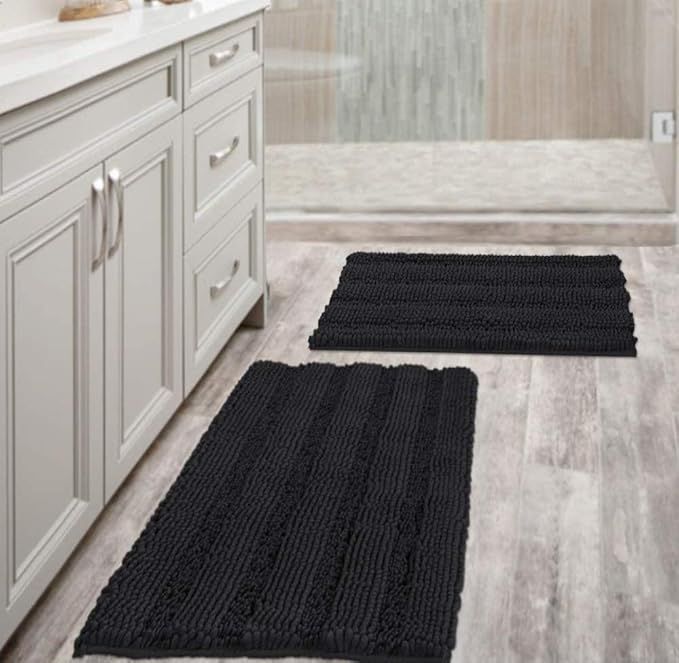 Extra Thick Striped Bath Rugs for Bathroom - (Set of 2) Anti-Slip Bath Mats Soft Plush Chenille Y... | Amazon (US)