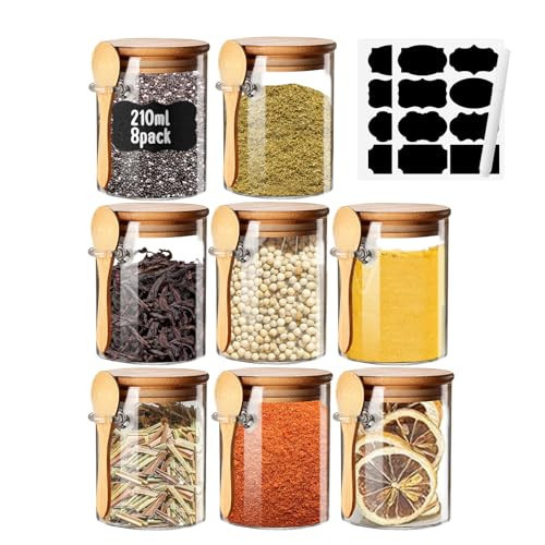 Spice Jars with Label 7oz Glass Storage Containers with Lids and Spoon Small Glass Jars for Overnight Oats Cereal Containers Storage Meal Prep Jars for Sugar Yogurt Chia Pudding Salt Candy 8pcs | Amazon (US)
