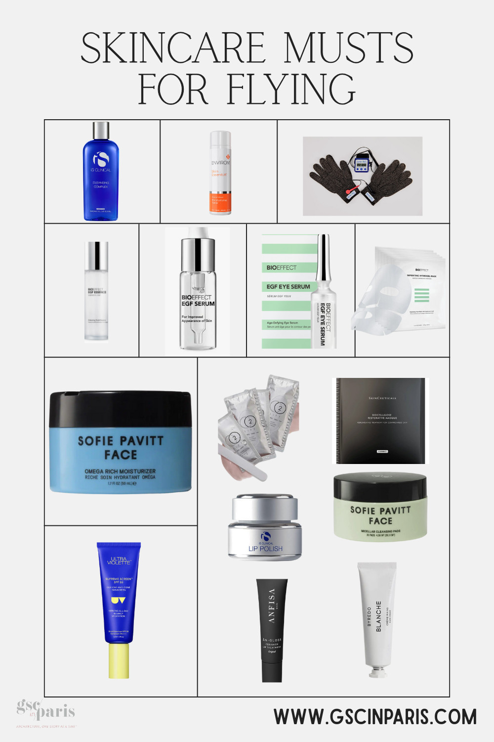 I am traveling so much in January and I really need to hone in on Pre and Post flight skin care: BEFORE Flying, Steps 1 through 7:
Step 1: Cleanse with 
iS Clinical Cleansing Complex

Step 2: Environ Moisturizing Toner

Step 3:  Microcurrent NeurotriS PICO Toner, From the site: https://fave.co/4qGCoQE

Step 4: Serums with Bioeffect EGF Essence, EGF Serum, EGF  Eye Gel and Masks

Step 5 - Moisturize with Sofie Pavitt Omega Rich Moisturizer

Step 6 - Ultra Violette Supreme Screen

Step 7 - Anfisa An Gloss Ceramide Lip Treatment

POST FLIGHT: 
Co2lift Carboxy Gel Treatment

Skinceuticals biocellulose restorative mask

Sofie Pavitt Micellar Cleansing Pads

iS Clinical Lip Polish

Byredo Hand Cream 

 #LTKmorningroutine #LTKBeauty #LTKTravel