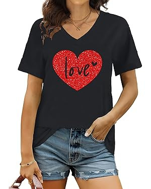 HQP Valentine Shirts for Women Love Heart V Neck T Shirt Valentines Clothing Valentines Gift Casu... | Amazon (US)
