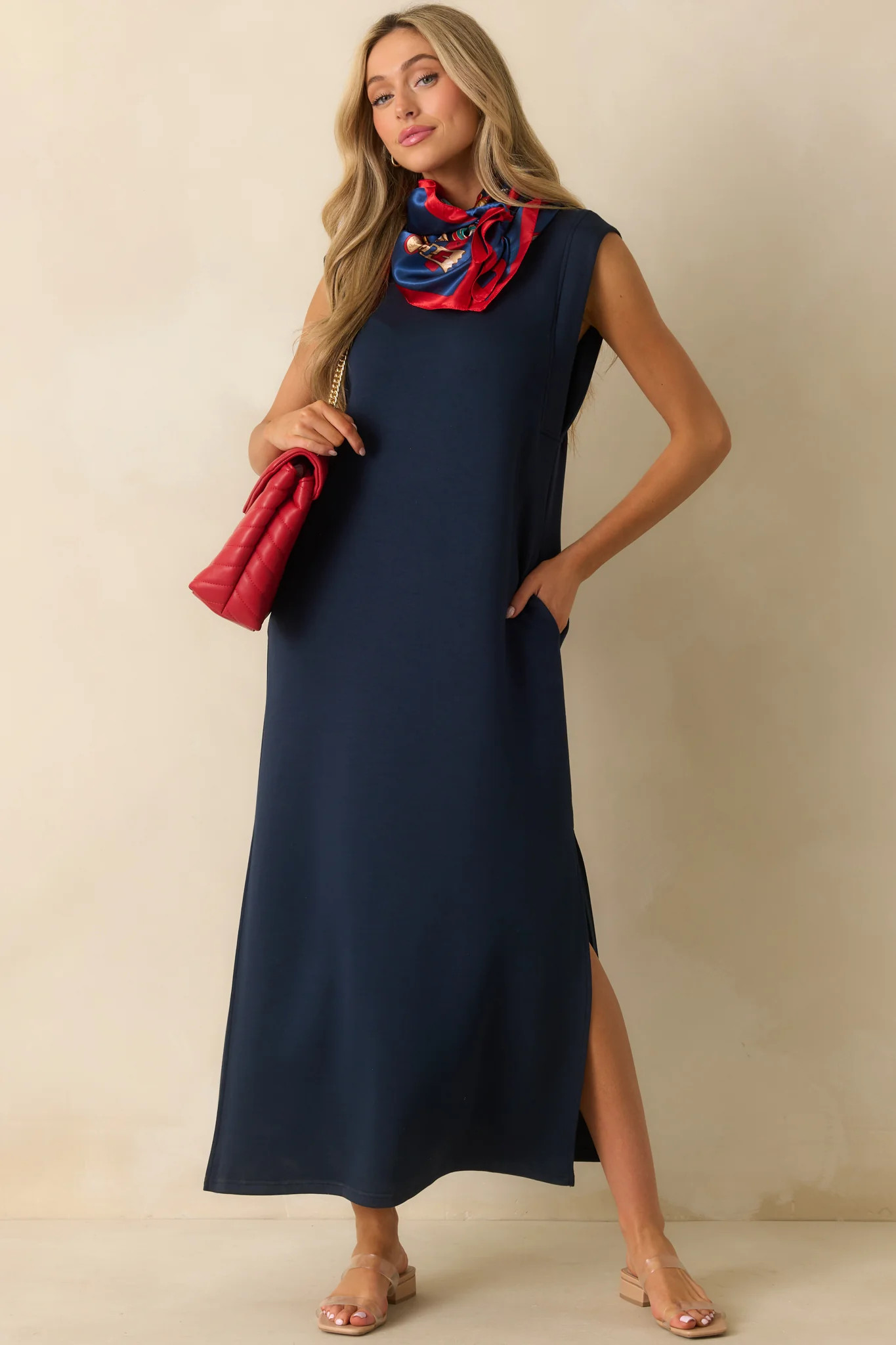 Between Now And Then Navy Cotton Sleeveless Maxi Dress | Red Dress