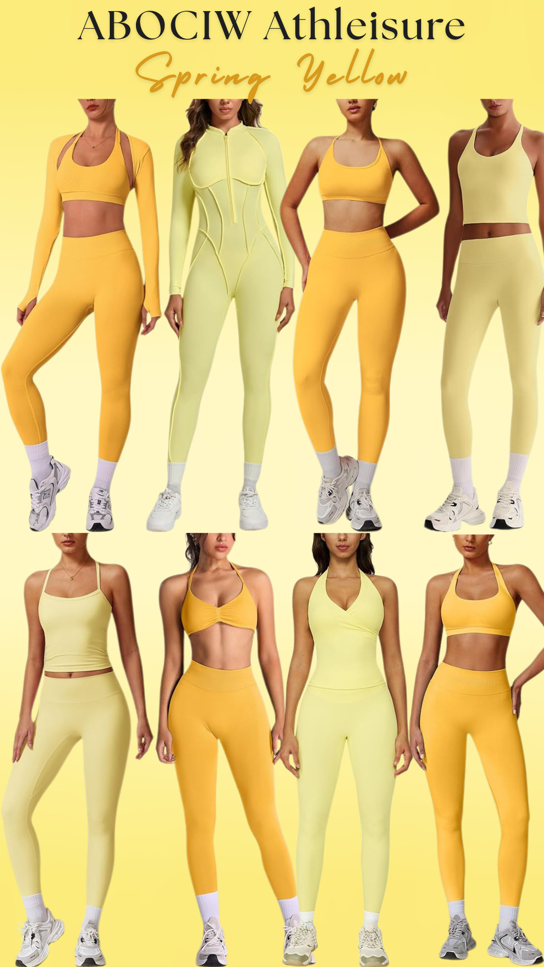 Spring Yellow Athleisure by ABOCIW 🍋 

If your workout wardrobe needs a spring reset, these sunshine yellow athleisure sets from ABOCIW on Amazon are such a fun upgrade.

Bright activewear instantly makes gym outfits feel fresh, motivating, and put together without spending a fortune on designer workout brands. These sets are designed with smoothing, sculpting fabric that hugs in all the right places while still being breathable and comfortable for workouts, Pilates, yoga, or everyday athleisure.

If you’re tired of leggings that slide down, sports bras that dig in, or workout clothes that lose shape after a few washes, these Amazon activewear pieces are surprisingly flattering and supportive while still being an affordable gym outfit find.

Spring yellow activewear is trending for fitness outfits right now and these matching sets make getting dressed for the gym effortless.

Pieces in this set lineup:

• High Waisted Sculpting Leggings
• Seamless Compression Workout Leggings
• Supportive Sports Bra
• Racerback Sports Bra Top
• Long Sleeve Cropped Workout Top
• Zip Front Sculpting Bodysuit
• Twist Front Sports Bra
• Cross Waist Leggings
• Matching Gym Set Activewear

Perfect for: gym workouts, Pilates classes, yoga sessions, walking workouts, hot girl walks, travel outfits, athleisure errands, and everyday activewear.

Everything is linked! 

 

#LTKootd #LTKActive #LTKTravel
