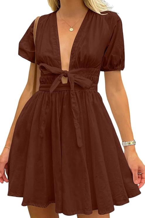 Women's Cute Summer Short Puff Sleeve Tie Cotton Mini Dress | Amazon (US)