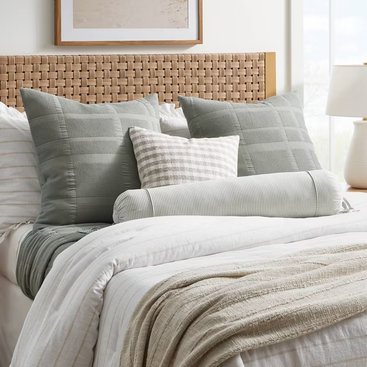 Oversized Bolster Woven Striped with Piping Cylinder Throw Pillow White/Light Teal Green - Thresh... | Target