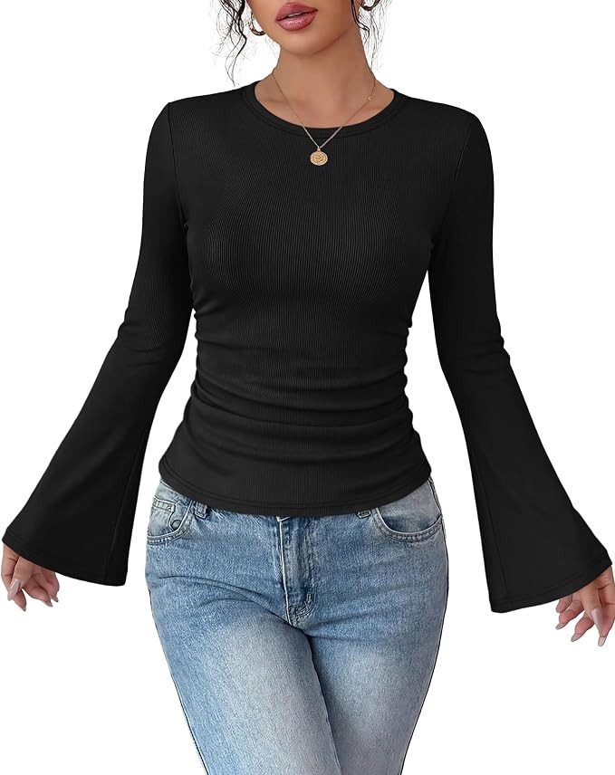 Sampeel Womens Bell Long Sleeve Shirts Ruched Tops Trendy 2026 Y2k Outfits | Amazon (US)