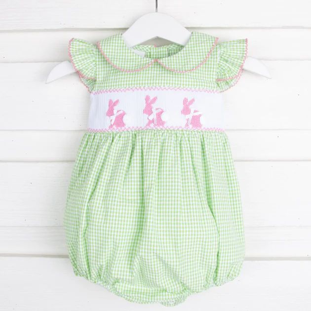 Bunny Smocked Collared Bubble Light Green Seersucker | Classic Whimsy