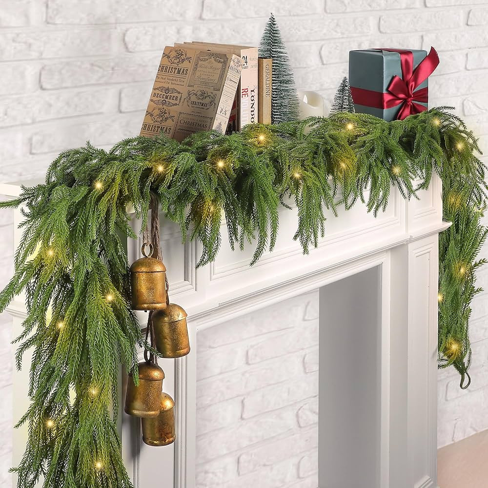 1 Pack Christmas Norfolk Garlands Set 6 Feet Artificial Faux Greenery Garland 4 Cow Bell with Jut... | Amazon (US)
