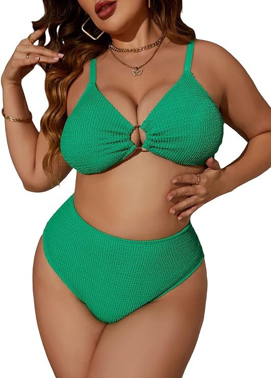 WDIRARA Women's Plus Size O Ring High Waist Bikini Swimsuit Two Piece Bathing Suits | Amazon (US)