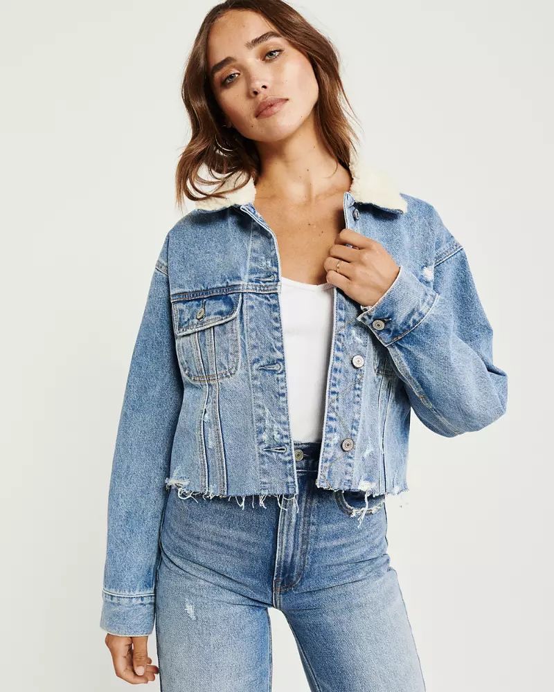 Cropped Sherpa Collar Oversized Denim Jacket | Abercrombie & Fitch US & UK