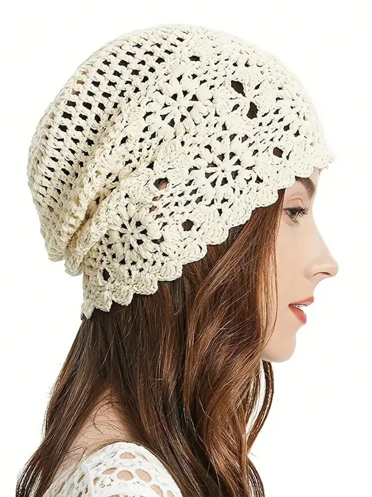 1pc Unique Pure Knitted Thin Knit Hat With Handmade Hollow Out Flower Embroidery, Autumn Sweet Fo... | SHEIN