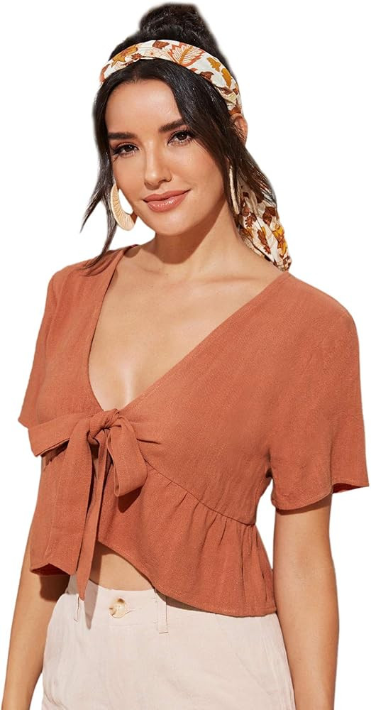 SweatyRocks Women's Short Sleeve Deep V Neck Self Tie Front Crop Top Blouse | Amazon (US)