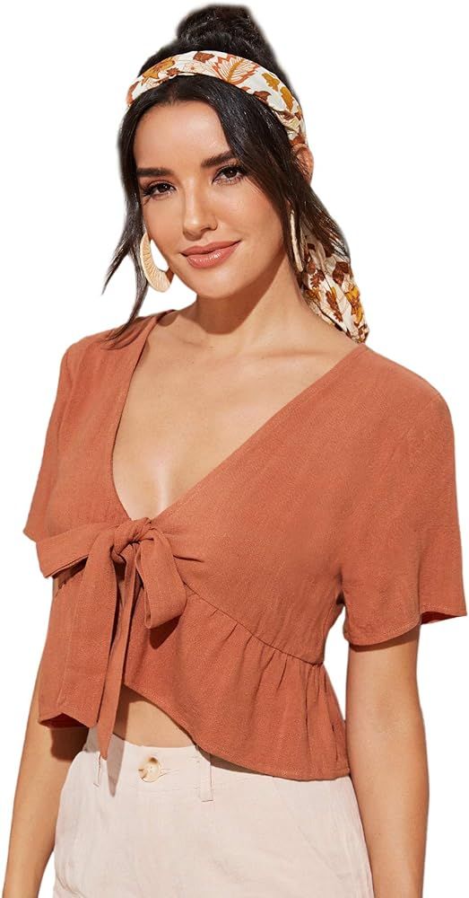 SweatyRocks Women's Short Sleeve Deep V Neck Self Tie Front Crop Top Blouse | Amazon (US)