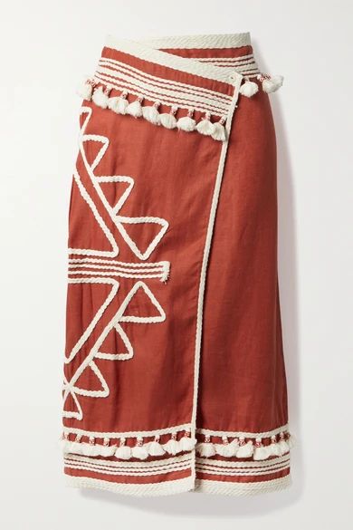 Johanna Ortiz - Net Sustain Eastern Frontier Embroidered Linen And Cotton-blend Wrap Skirt - Brick | NET-A-PORTER (US)