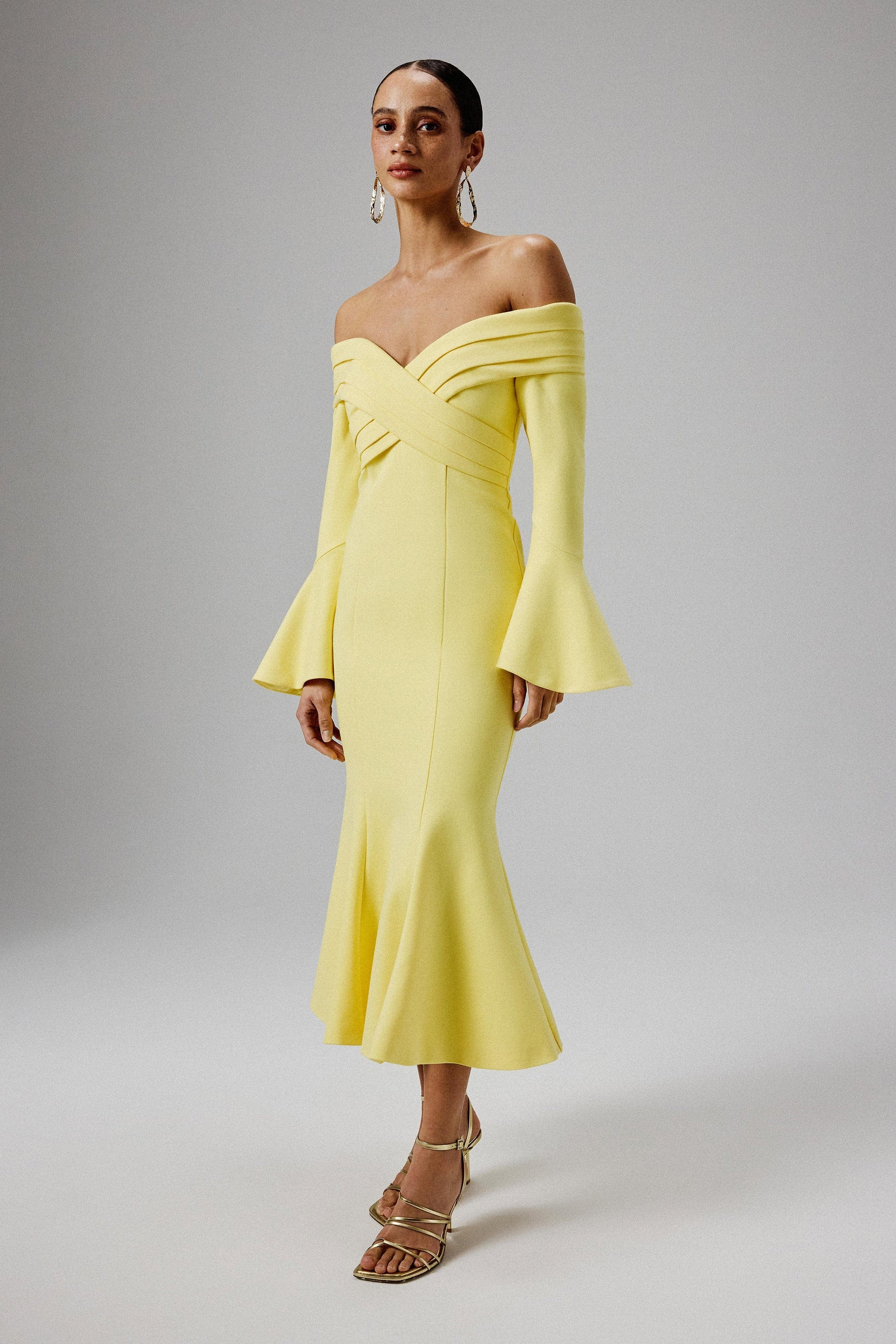 AMELIA Ponte Off Shoulder Fluted Sleeve Midi Dress in Yellow | Lavish Alice Retail Ltd