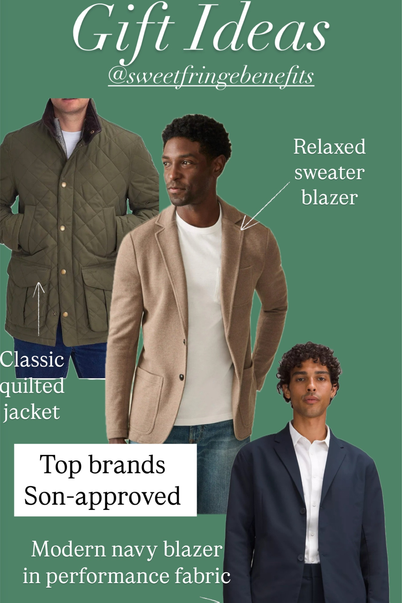 Gifts for men gifts for him gifts for sons 

Top quality jackets. Dougie and one son owns the navy blazer. My other son owns the knit and quilted jacket. The Barbour order your larger size. The Lulu and faherty order your reg size  

#LTKOver40 #LTKGiftGuide #LTKMens