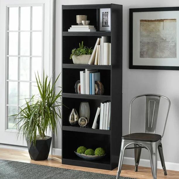 Mainstays Framed 5-Shelf Bookcase, True Black Oak - Walmart.com | Walmart (US)