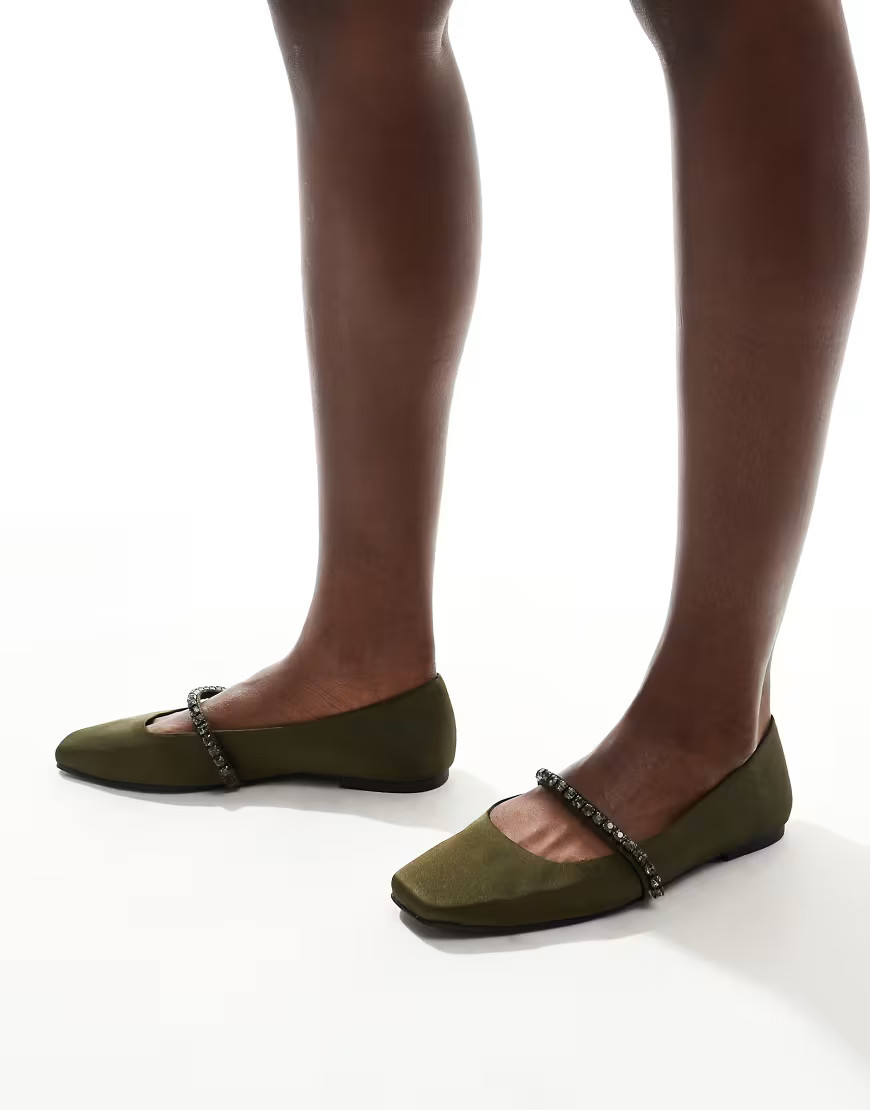 ASOS DESIGN Layla embellished mary jane ballet flat in olive-Green | ASOS (Global)