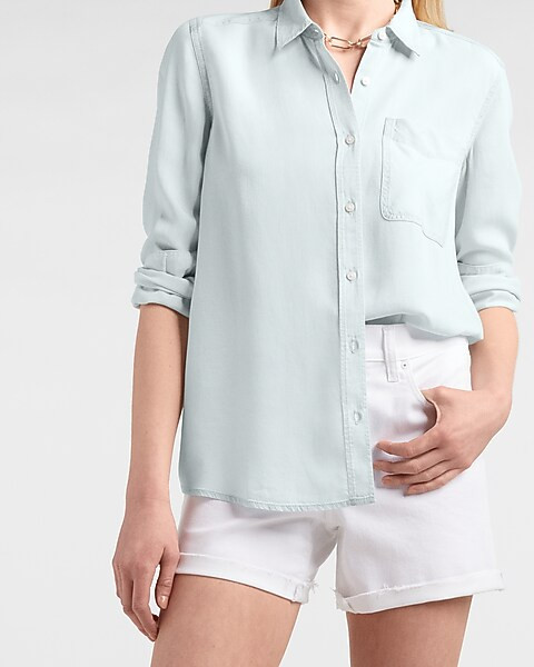 Patch Pocket Denim Boyfriend Shirt | Express