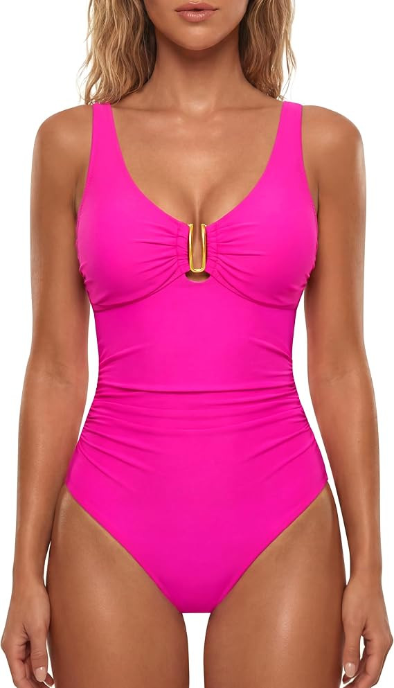 BMJL Women's Tummy Control Swimsuits Ruched Slimming One Piece Bathing Suit Deep V Neck Swimsuit | Amazon (US)