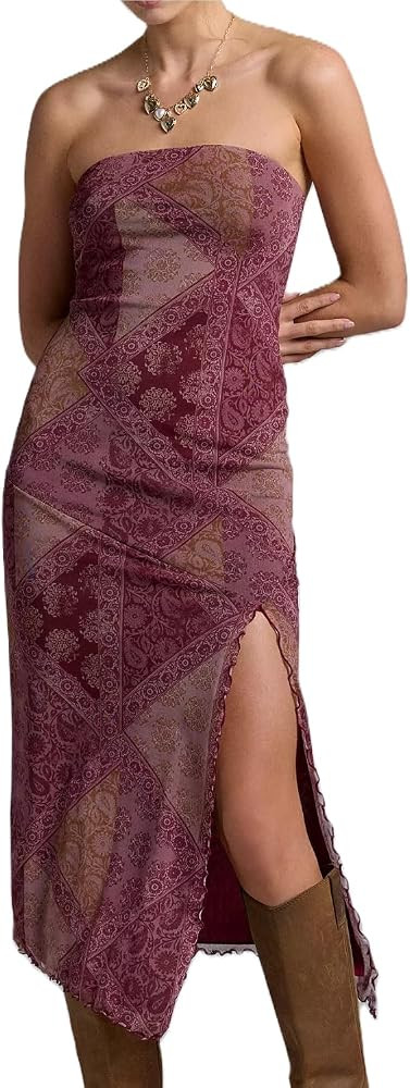UAURORAO Women Mesh High Slit Dress Strapless Backless Bodycon Maxi Dresses Tube Top Floral Long ... | Amazon (US)