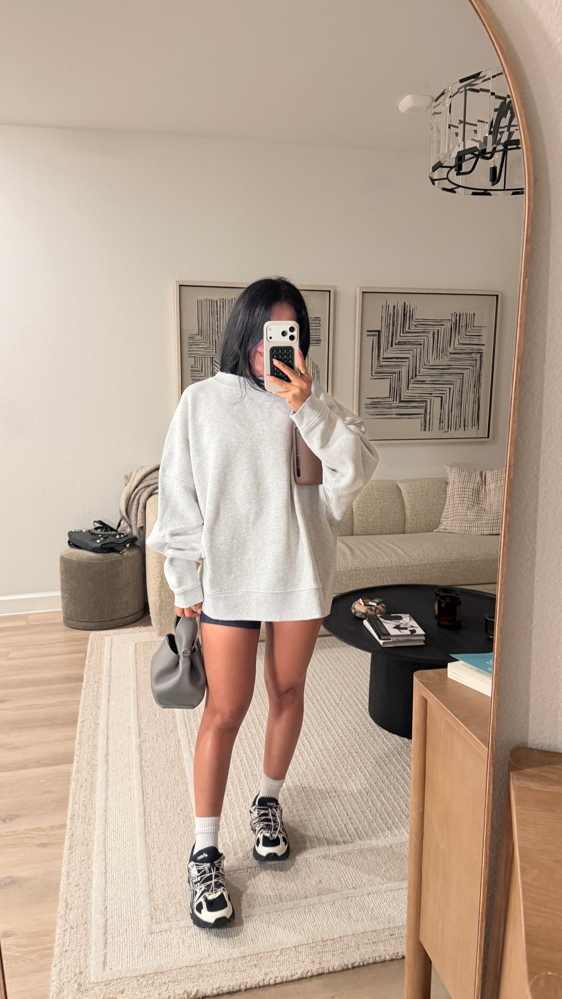 Gym fit on this chilly morn 🤸Exact sweatshirt linked on my story. Linked similar. Size small bike shorts!