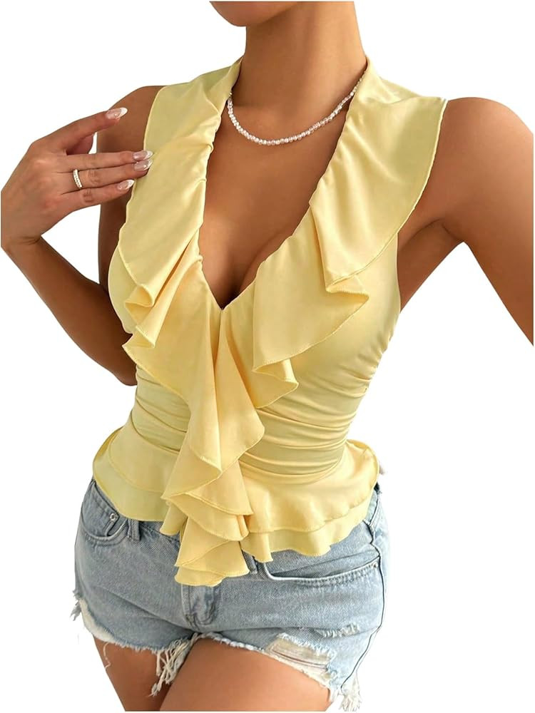 SOLY HUX Women's Ruffle Trim Deep V Halter Top Y2k Going Out Sleeveless Slim Fit Tank Shirts | Amazon (US)