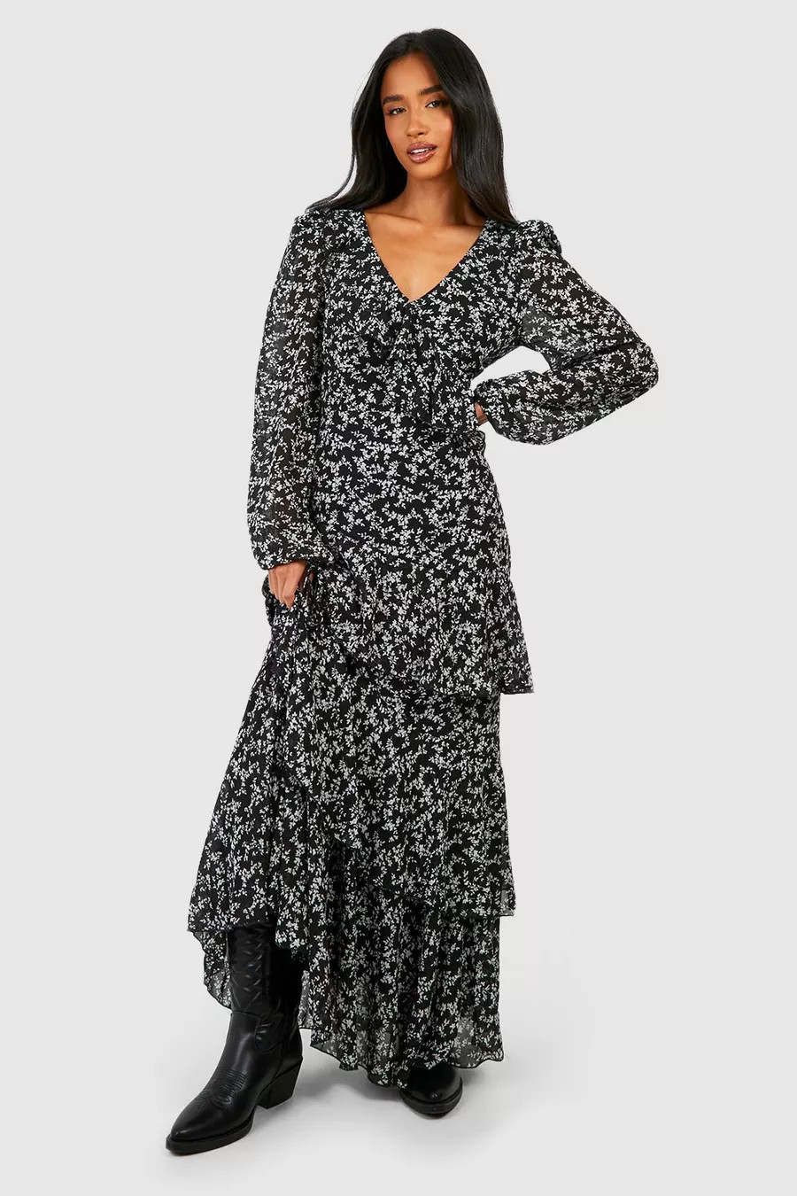 Petite Floral Asymmetric Ruffle Puff Sleeve Maxi Dress | boohoo (US & Canada)
