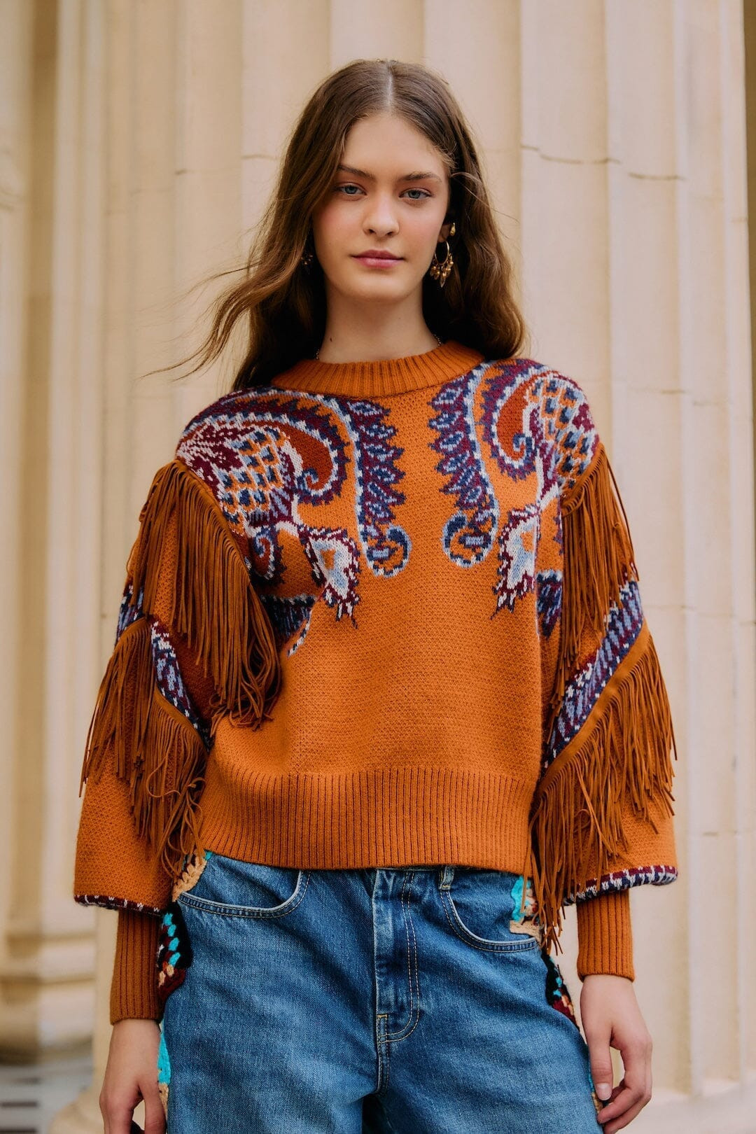 Brown Arabesque Scarf Fringe Cuffed Knit Sweater | FARM Rio | FarmRio (US)