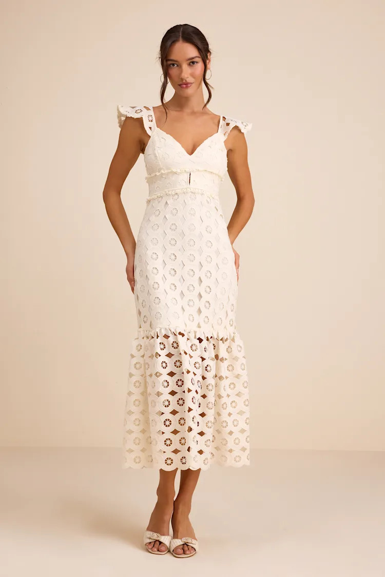 Adalyn Cream Crochet Lace Trumpet Midi Dress | Lulus