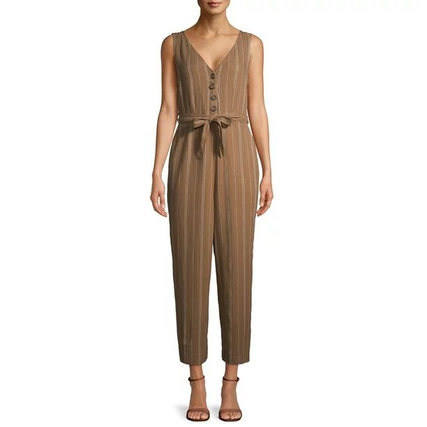 Time and Tru Women's Sleeveless Linen Jumpsuit with Tie Belt | Walmart (US)