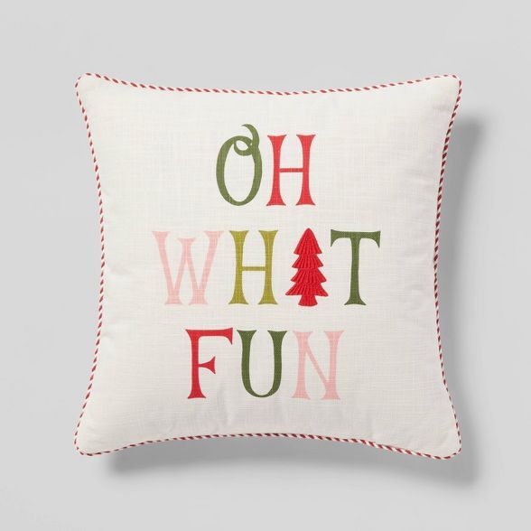 &#39;Oh What Fun&#39; Embroidered Square Throw Pillow Ivory - Threshold&#8482; | Target