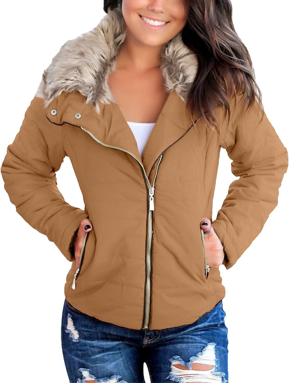 Utyful Women Long Sleeve Lightweight Faux Fur Lapel Zip Jacket Quilted Outerwear Parka Coat | Amazon (US)
