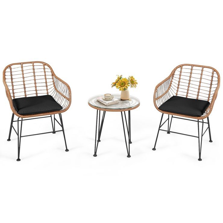 Tangkula 3PCS Patio Rattan Furniture Set with Round Tempered Glass Top Table & 2 Rattan Armchairs... | Target