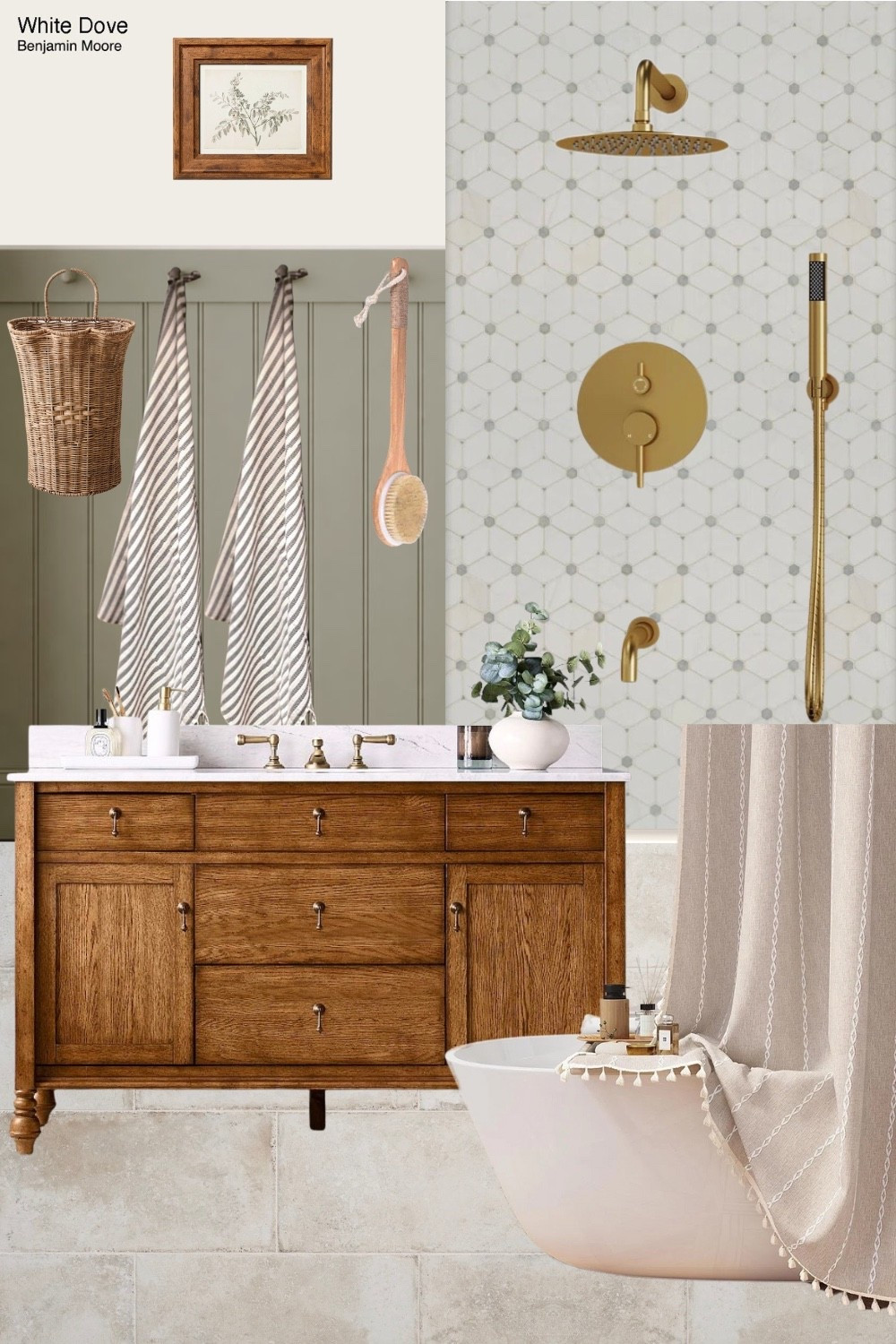 Small bathrooms can still feel special—and this space is proof. 🤍

I wanted this design to feel calm, warm, and collected without relying on trends that will feel dated in a year or two. The secret is layering timeless materials: warm wood, soft neutral stone, gentle green tones, and classic brass finishes. Each piece was chosen to add character while still keeping the room feeling open and functional.

I love how the furniture-style vanity instantly grounds the space, while the light tile and soft walls keep everything airy. Even small details—like the woven basket, simple art, and striped towels—help the room feel lived-in and inviting instead of overly styled.

If you’re working with a small bathroom and want it to feel elevated without feeling busy, this look is such a good starting point. 

Everything in this space is linked so you can easily recreate the feel in your own home.

#LTKHome