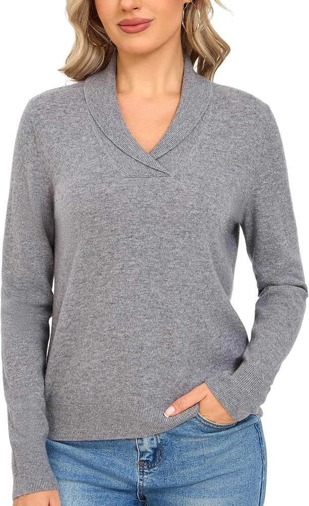 V Neck Sweaters for Women – 100% Merino Wool Shawl Collar Pullover Warm Winter Sweater Long Sle... | Amazon (US)