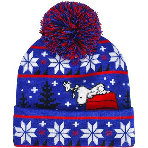 Peanuts Beanie Hat, Snoopy Red House Ugly Xmas Sweater Winter Knit Cap with Cuff and Pom, Blue, One Size | Amazon (US)