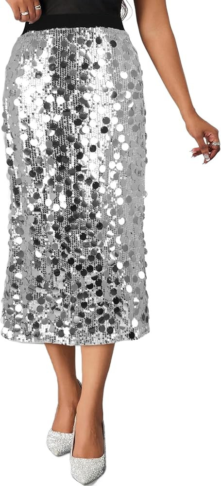 Womens Sequin Skirt Elastic Waist High Waist A line Sparkly Shiny Midi Concerts Night Out Club Pa... | Amazon (US)