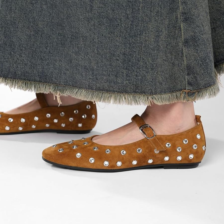 MRKEWUNEY Ballet Flats for Women Rhinestone Rivet Buckled Strap Mary Jane | Amazon (US)