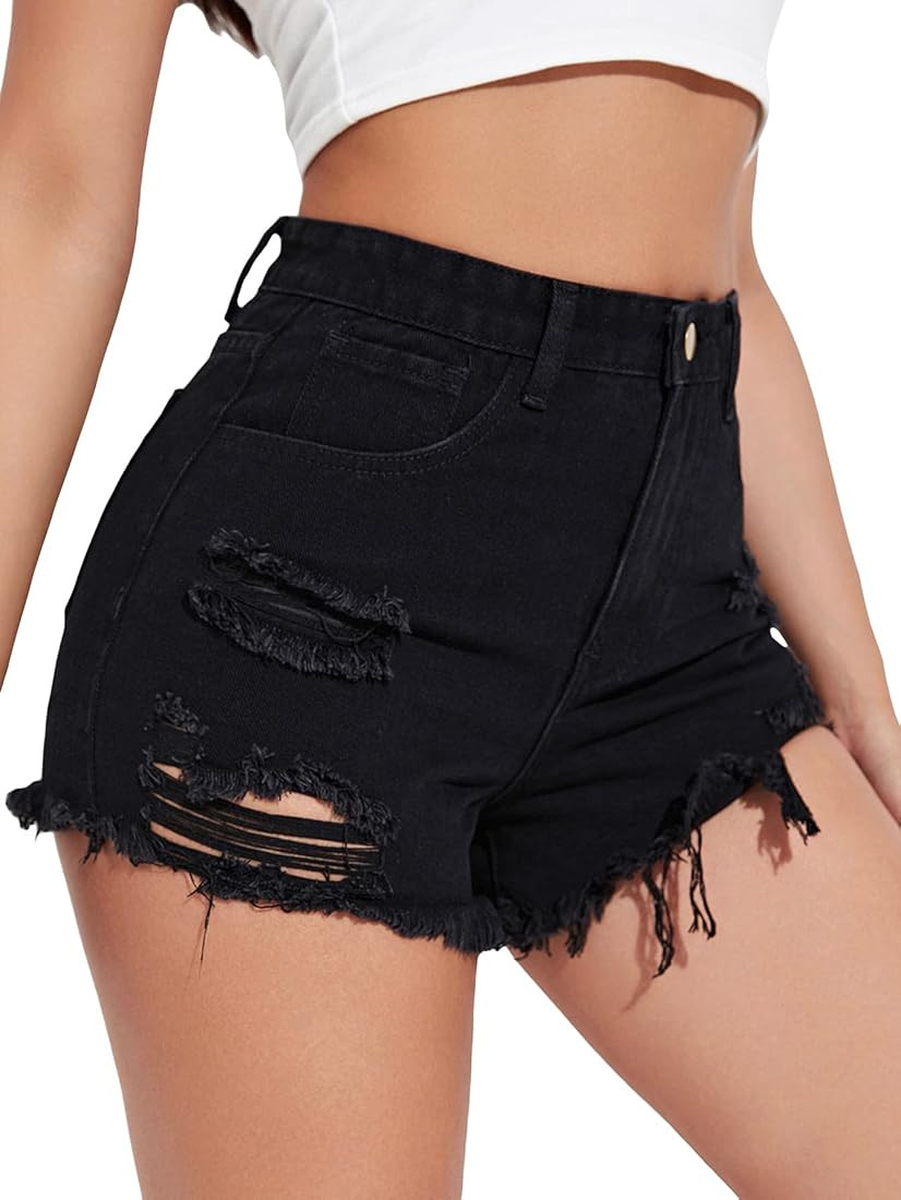 SOLY HUX Women's High Waist Ripped Raw Trim Denim Shorts Casual Summer Short Jeans with Pockets | Amazon (US)
